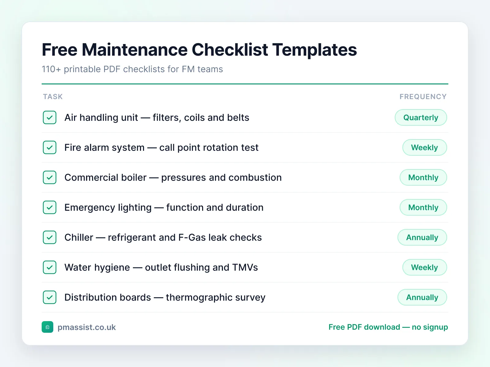 Free maintenance checklist templates preview showing sample tasks for AHUs, fire alarms, boilers and emergency lighting with service frequencies