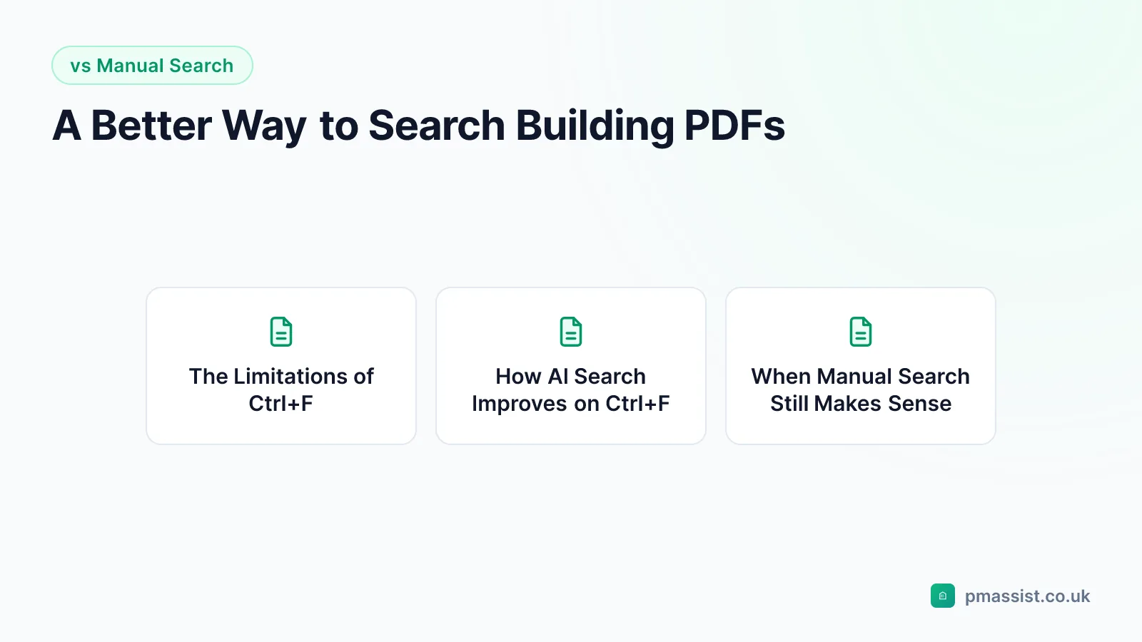 Overview diagram for the A Better Way to Search Building PDFs guide, covering The Limitations of Ctrl+F, How AI Search Improves on Ctrl+F and When Manual Search Still Makes Sense