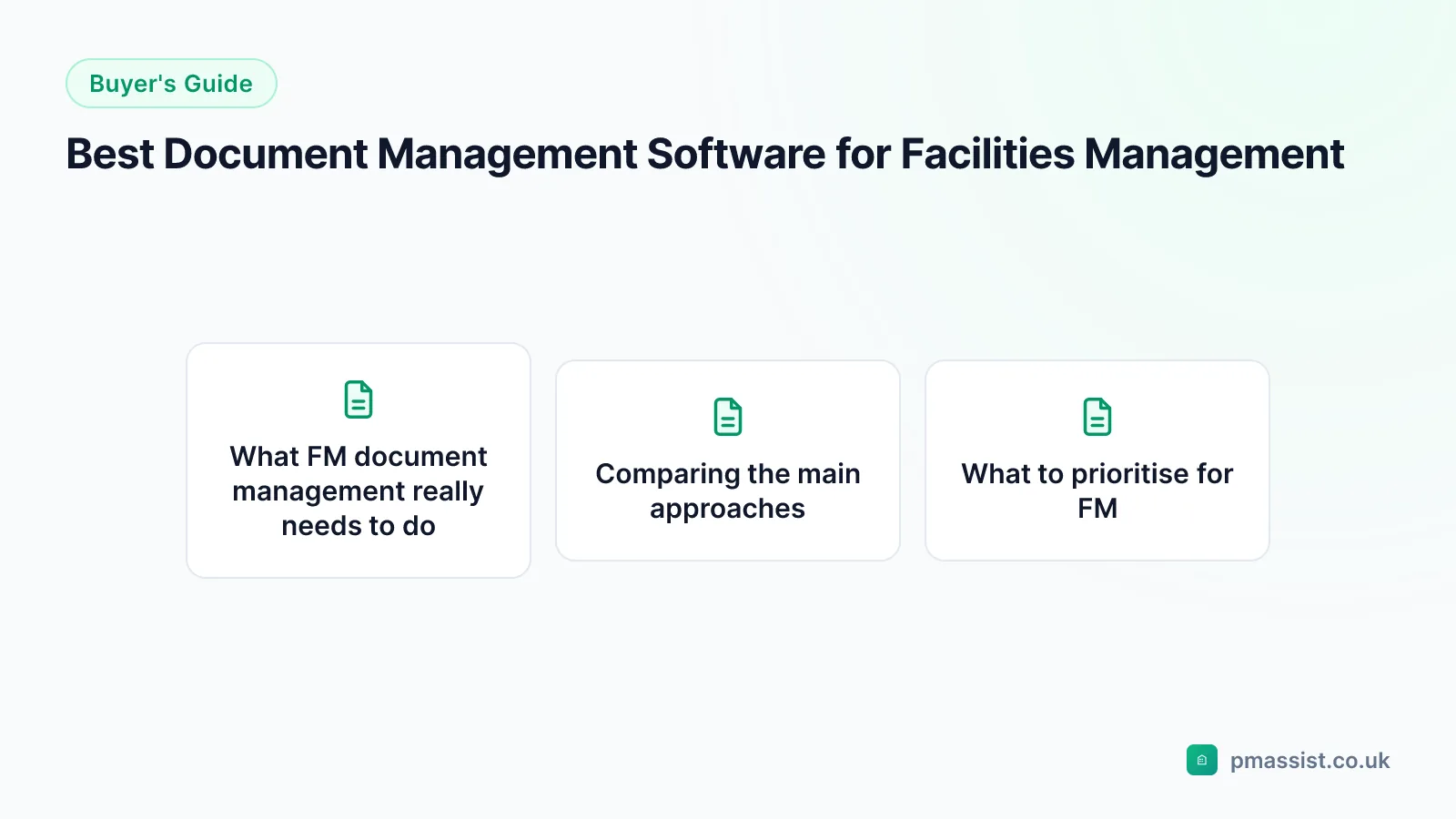 Overview diagram for the Best Document Management Software for Facilities Management guide, covering What FM document management really needs to do and Comparing the main approaches