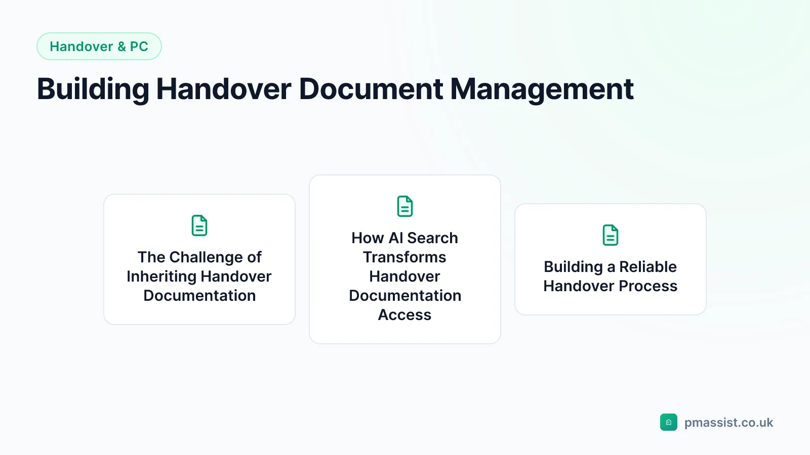 Overview diagram for the Building Handover Document Management guide, covering The Challenge of Inheriting Handover Documentation and How AI Search Transforms Handover Documentation Access