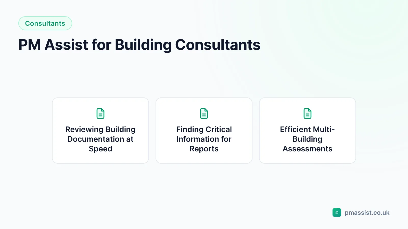 Overview diagram for the PM Assist for Building Consultants guide, covering Reviewing Building Documentation at Speed, Finding Critical Information for Reports and Efficient Multi-Building Assessments