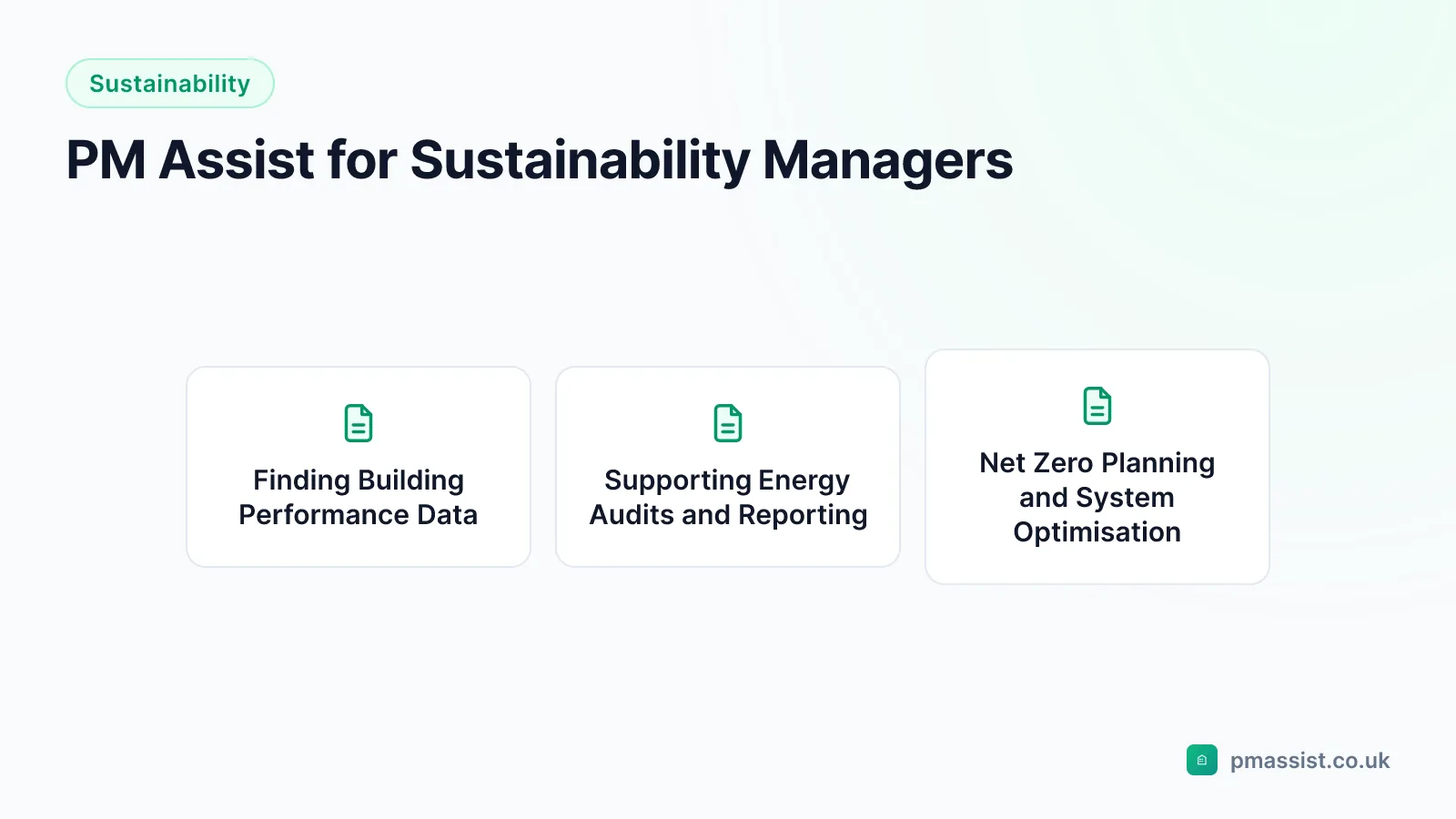 Overview diagram for the PM Assist for Sustainability Managers guide, covering Finding Building Performance Data, Supporting Energy Audits and Reporting and Net Zero Planning and System Optimisation