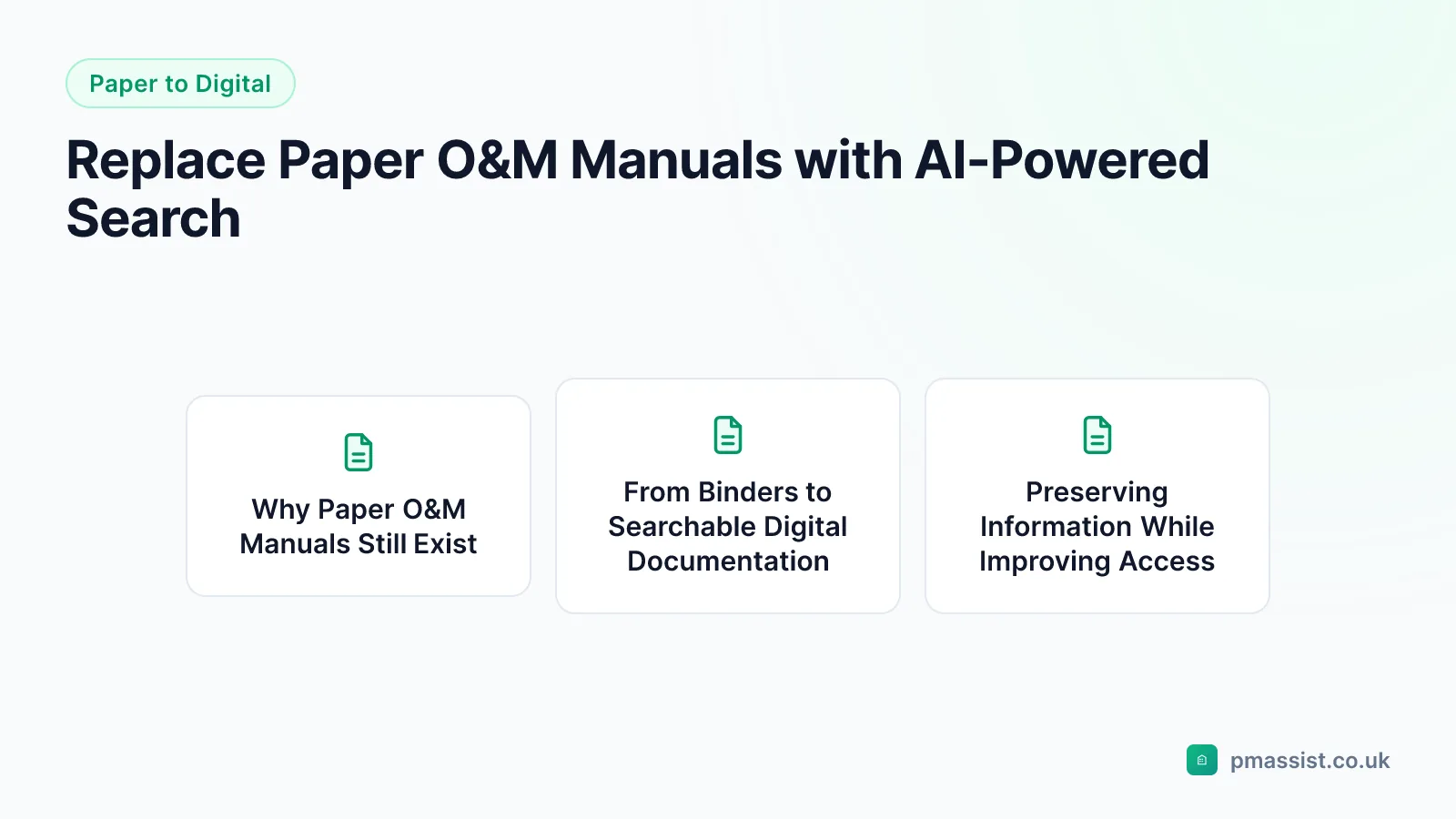 Overview diagram for the Replace Paper O&M Manuals with AI-Powered Search guide, covering Why Paper O&M Manuals Still Exist and From Binders to Searchable Digital Documentation