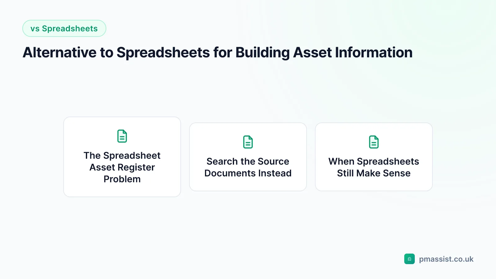 Overview diagram for the Alternative to Spreadsheets for Building Asset Information guide, covering The Spreadsheet Asset Register Problem and Search the Source Documents Instead
