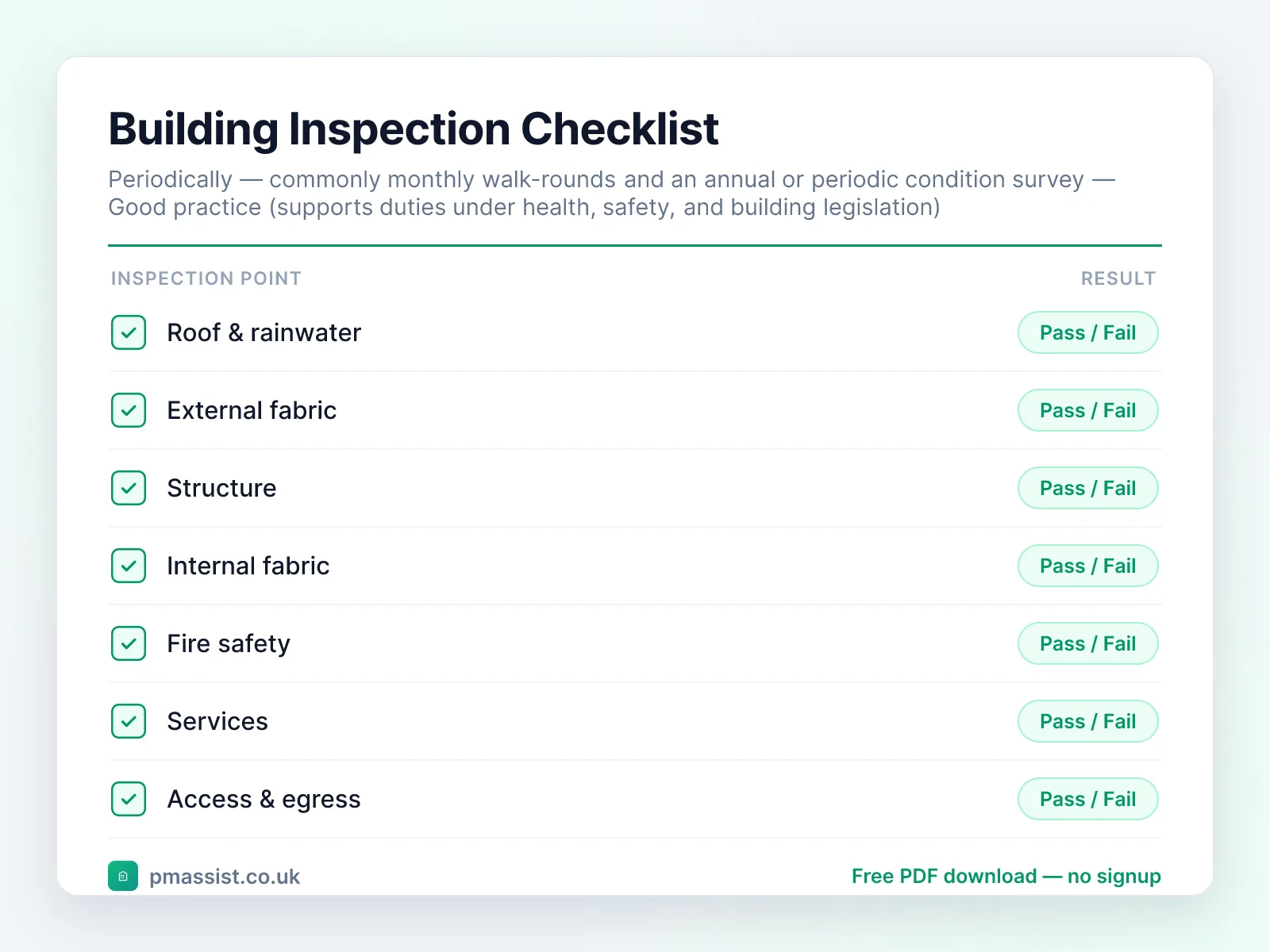 Building Inspection Checklist checklist preview with pass/fail inspection points including roof & rainwater, external fabric and structure