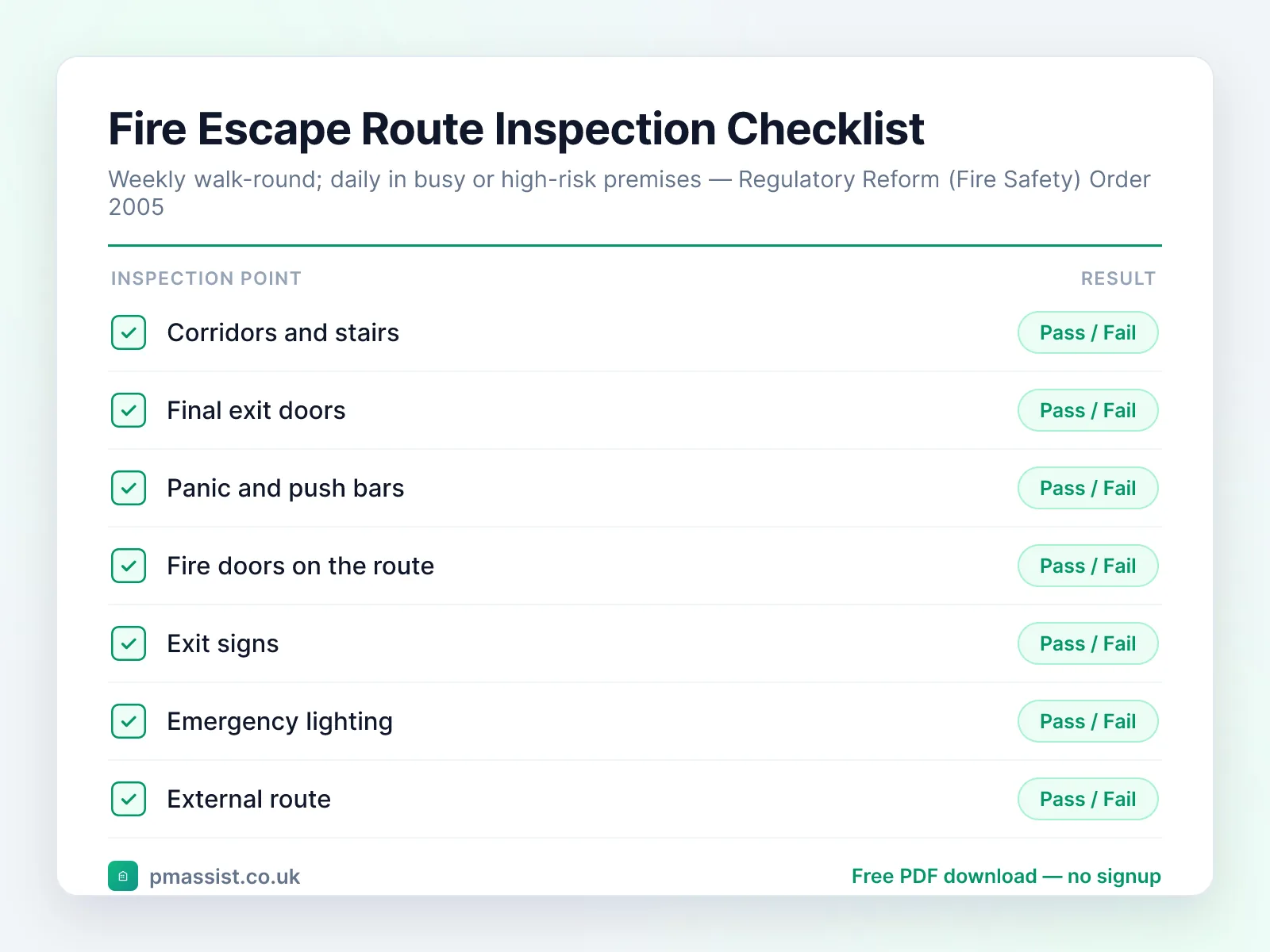 Fire Escape Route Inspection Checklist checklist preview with pass/fail inspection points including corridors and stairs, final exit doors and panic and push bars