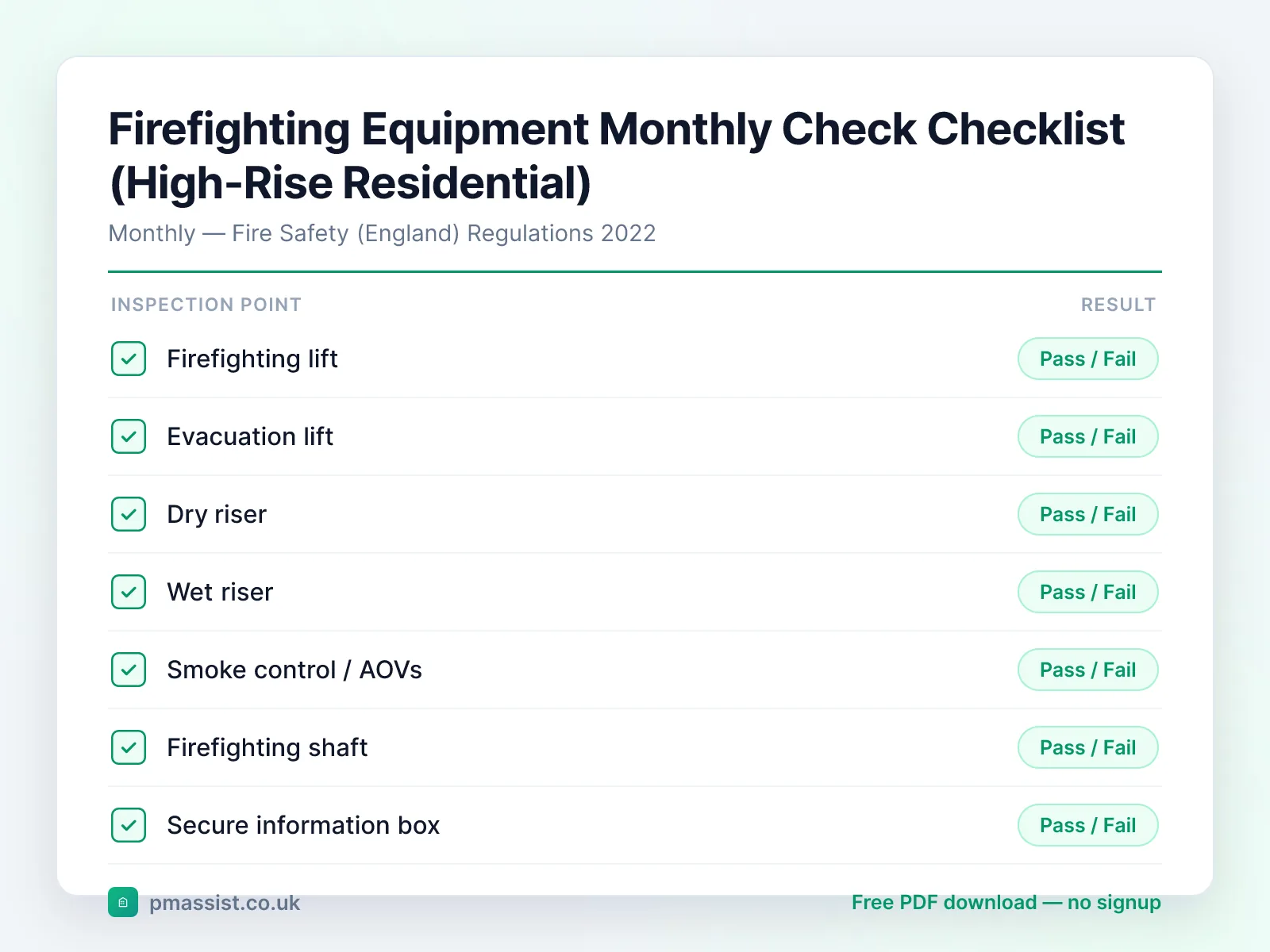 Firefighting Equipment Monthly Check Checklist (High-Rise Residential) checklist preview with pass/fail inspection points including firefighting lift, evacuation lift and dry riser