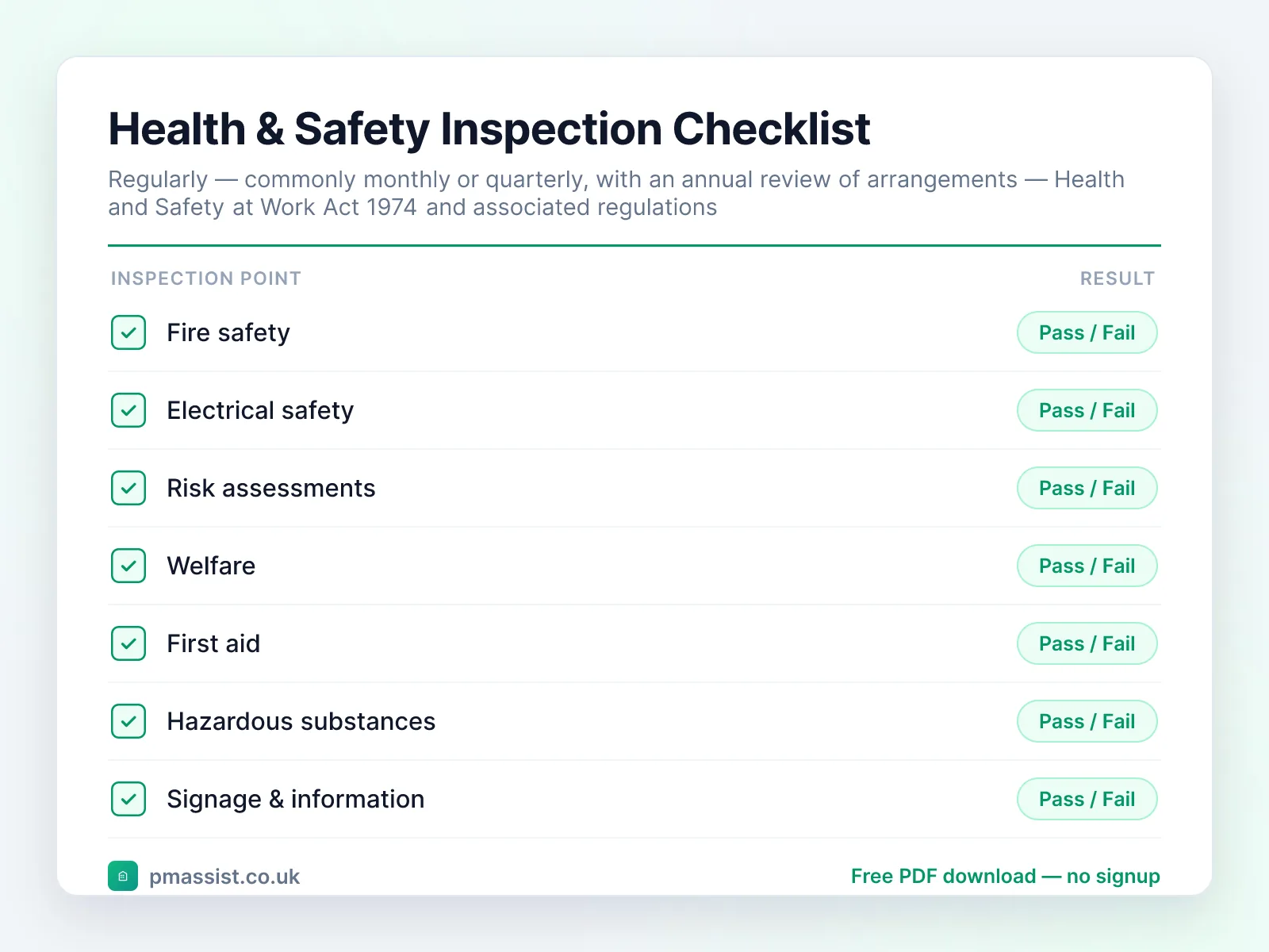 Health & Safety Inspection Checklist checklist preview with pass/fail inspection points including fire safety, electrical safety and risk assessments