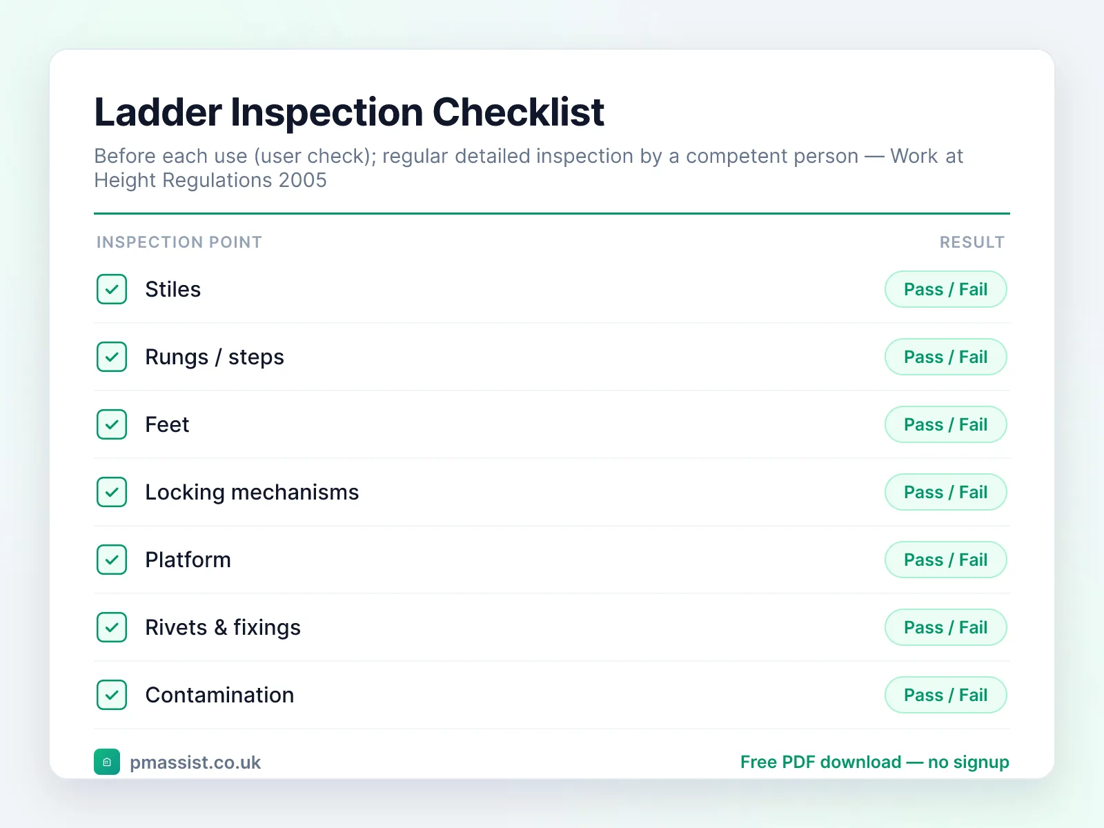 Ladder Inspection Checklist checklist preview with pass/fail inspection points including stiles, rungs / steps and feet