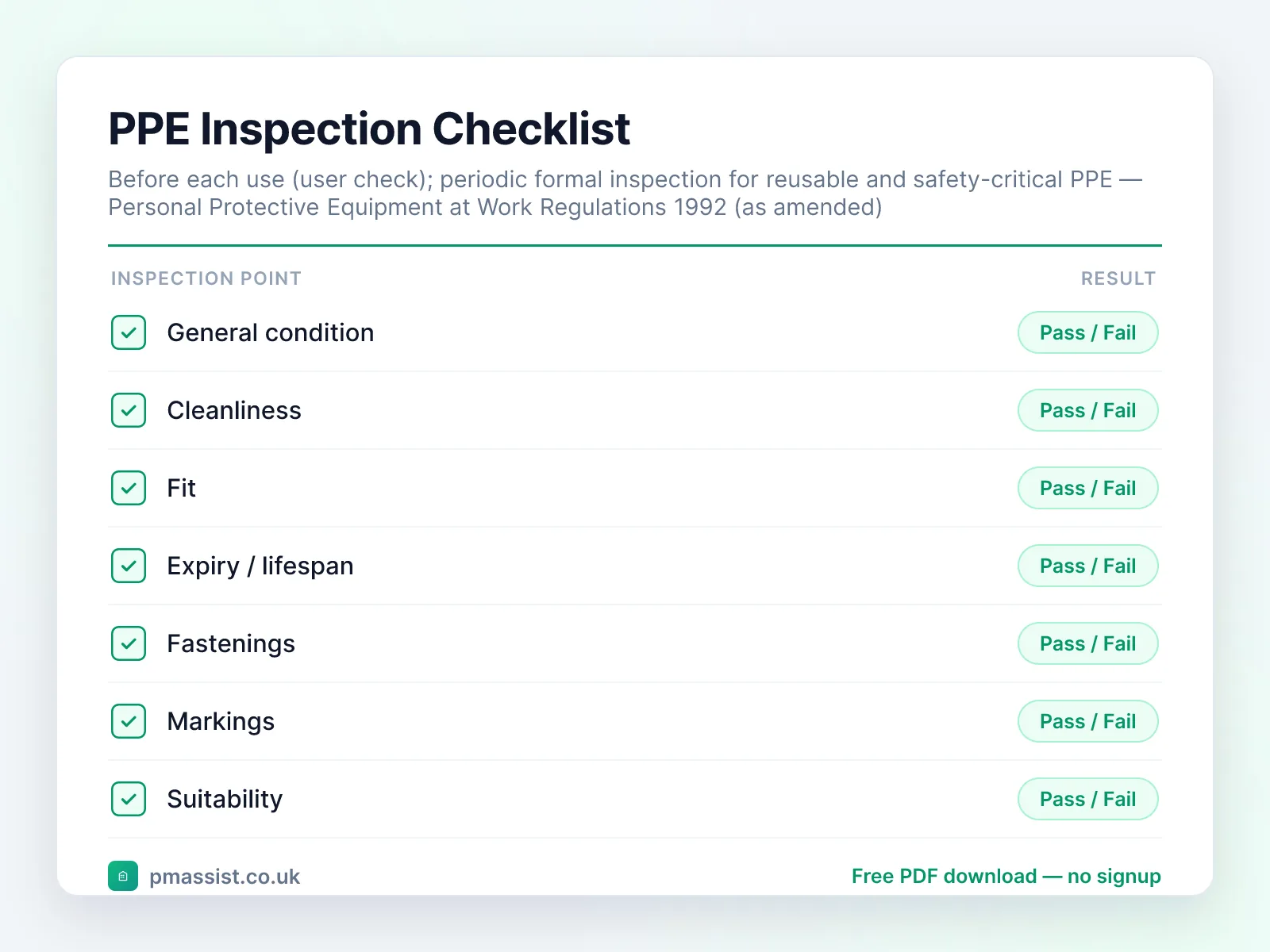 PPE Inspection Checklist checklist preview with pass/fail inspection points including general condition, cleanliness and fit