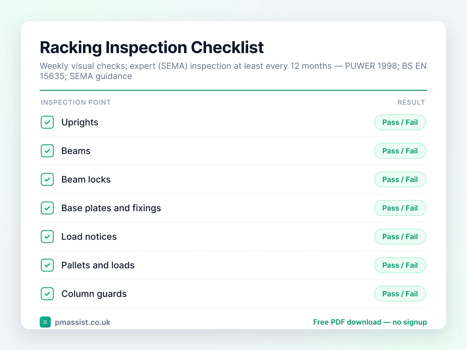Racking Inspection Checklist checklist preview with pass/fail inspection points including uprights, beams and beam locks