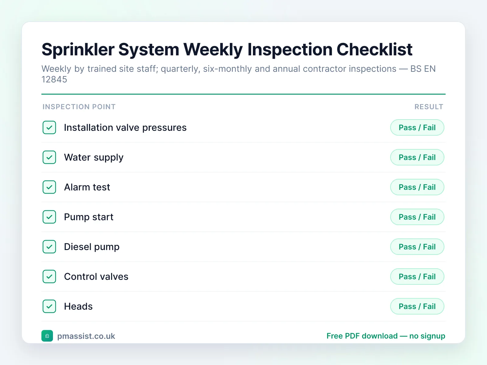 Sprinkler System Weekly Inspection Checklist checklist preview with pass/fail inspection points including installation valve pressures, water supply and alarm test