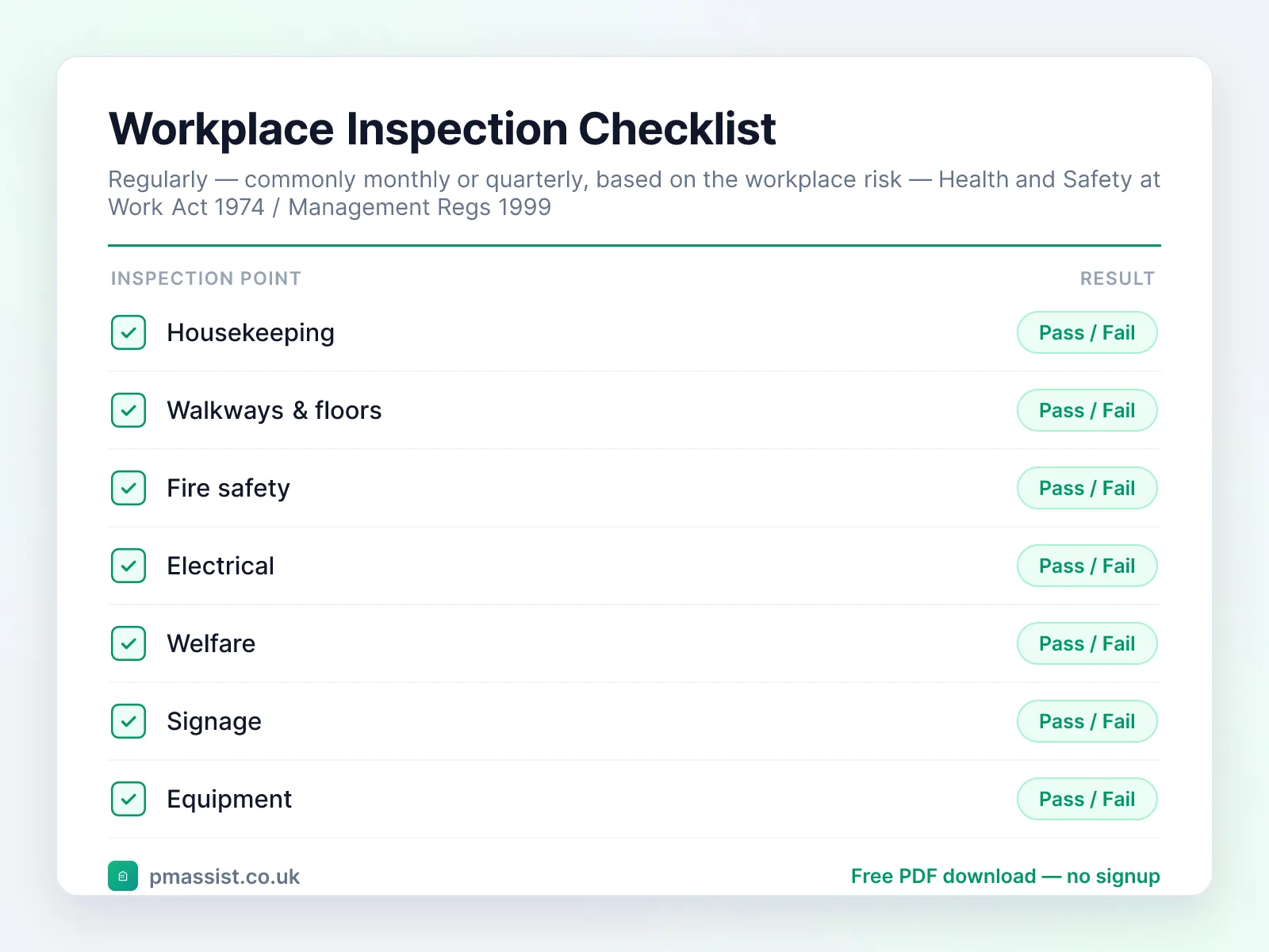 Workplace Inspection Checklist checklist preview with pass/fail inspection points including housekeeping, walkways & floors and fire safety