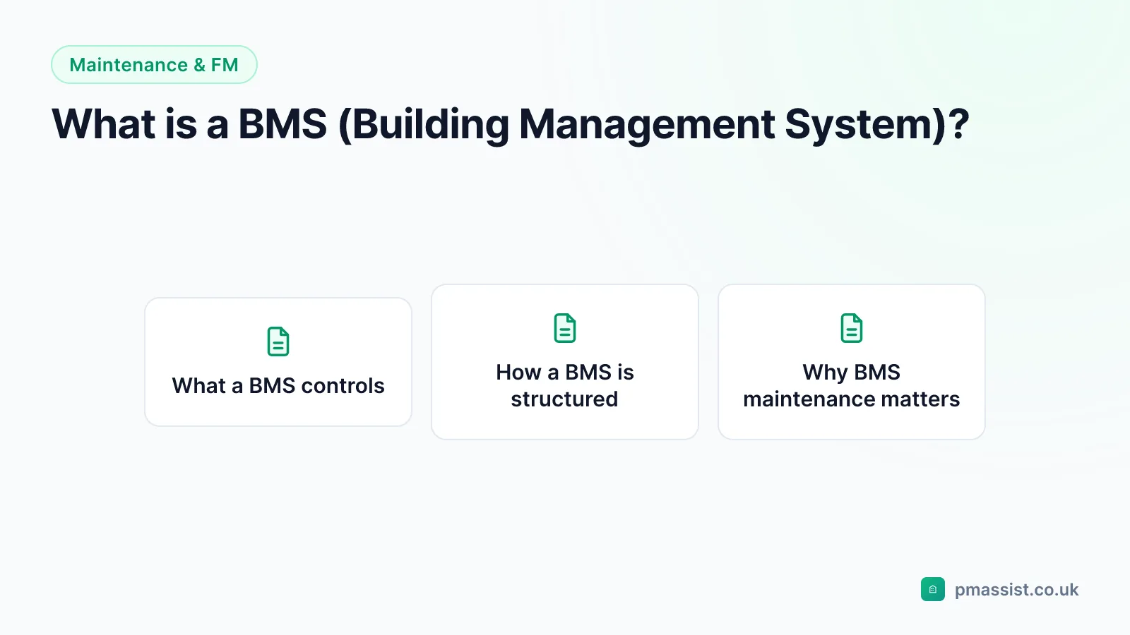 Diagram summarising what is a BMS building management system for facilities and estates teams, covering What a BMS controls, How a BMS is structured and Why BMS maintenance matters