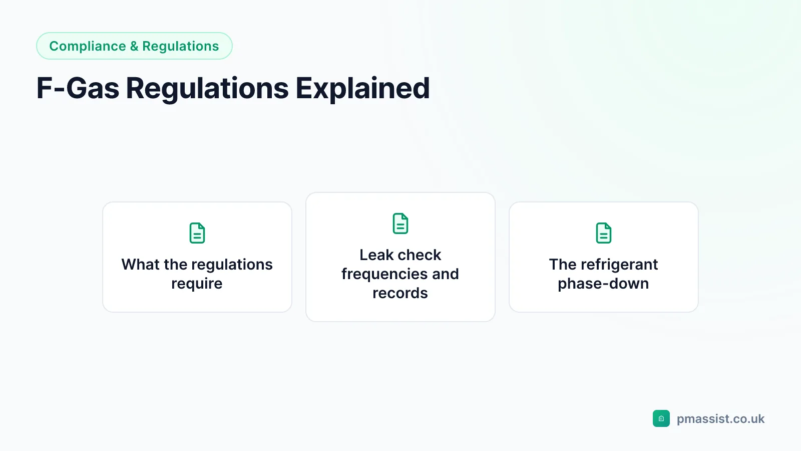 Diagram summarising F-Gas regulations for facilities and estates teams, covering What the regulations require, Leak check frequencies and records and The refrigerant phase-down