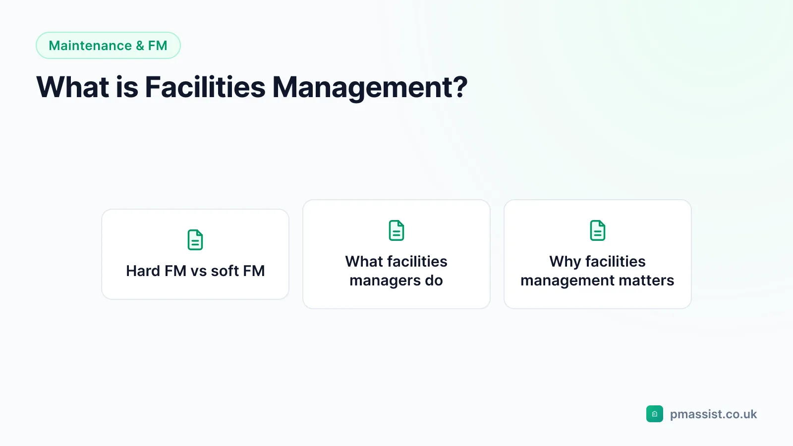 Diagram summarising what is facilities management for facilities and estates teams, covering Hard FM vs soft FM, What facilities managers do and Why facilities management matters