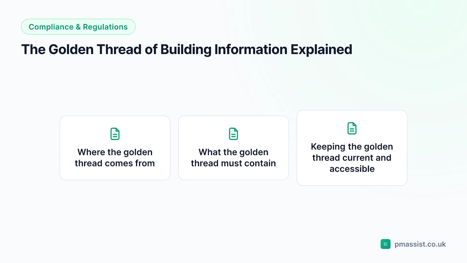 Diagram summarising golden thread building safety for facilities and estates teams, covering Where the golden thread comes from and What the golden thread must contain