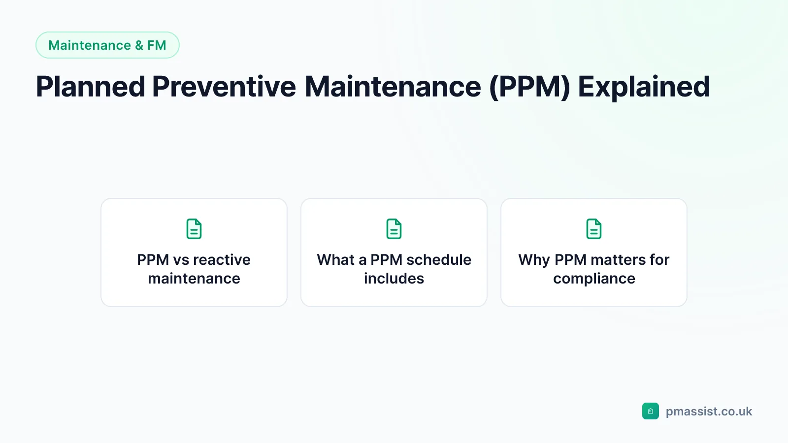 Diagram summarising what is planned preventive maintenance for facilities and estates teams, covering PPM vs reactive maintenance, What a PPM schedule includes and Why PPM matters for compliance